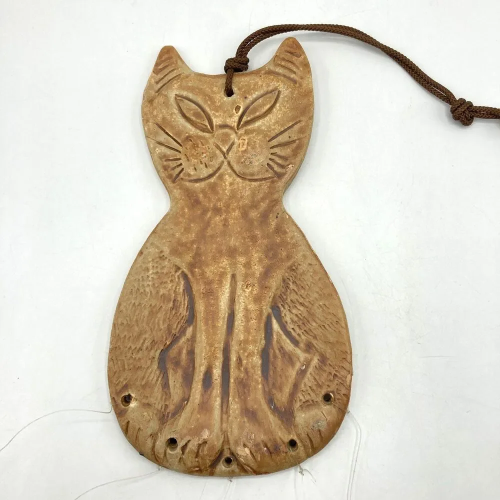 Handmade Art Pottery Cat Kitten Moon Wind Chime Wall Hanging Folk Art Stamped